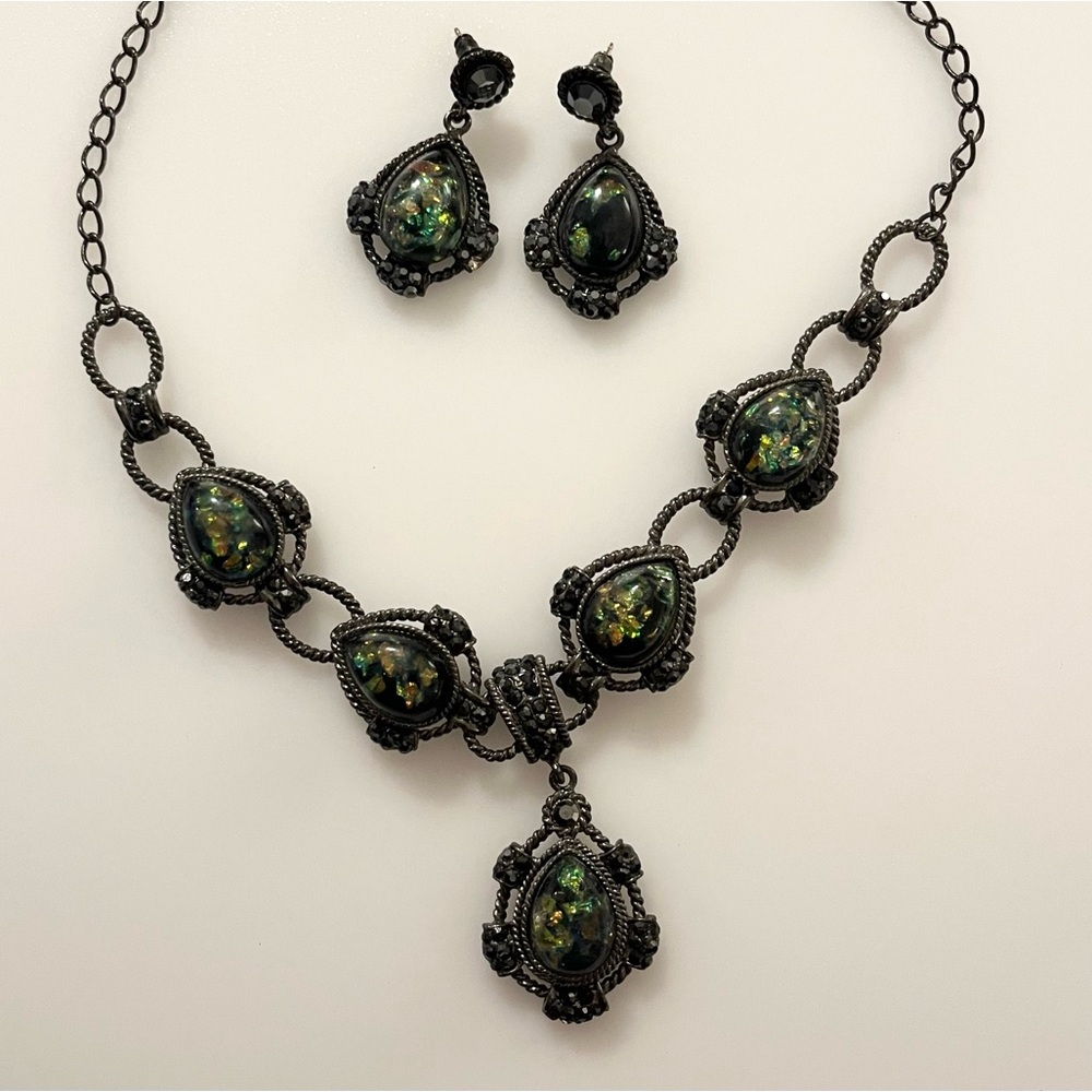 Vintage Black Gunmetal Confetti Lucite Necklace and matching Earrings Set